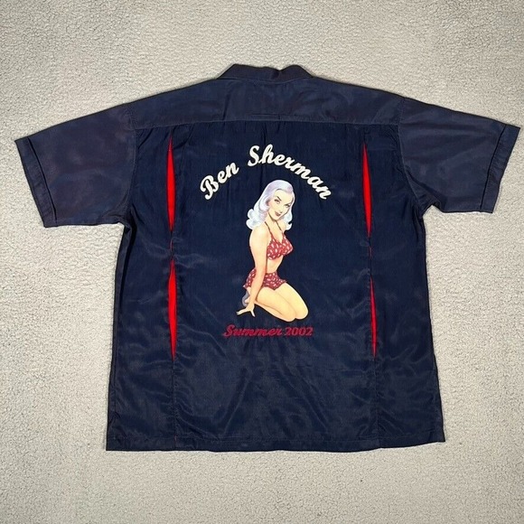 Ben Sherman‎ Shirt Mens XL Blue 100% Polyester Pin Up Girl Graphic Casual Preppy - Picture 1 of 14